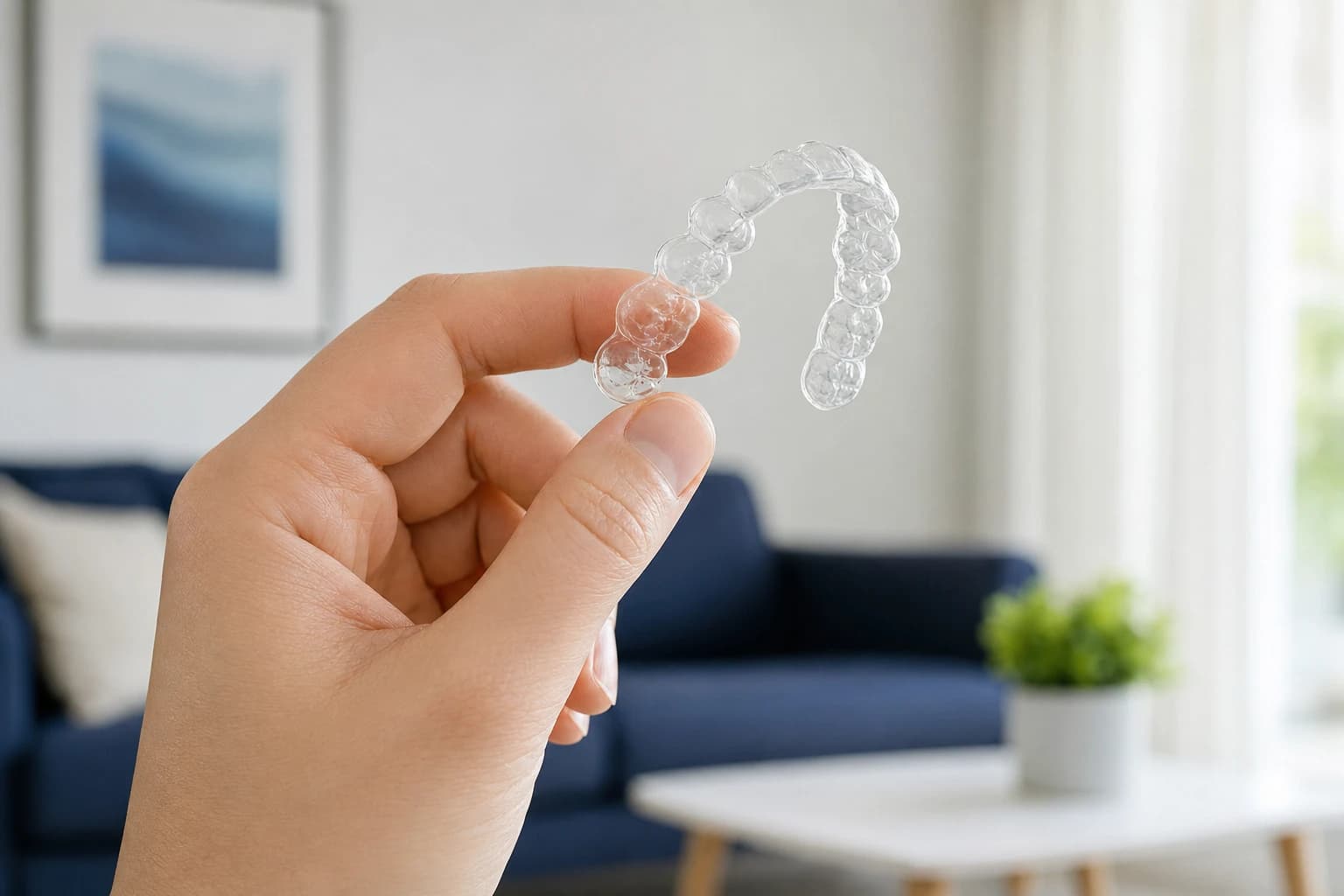 Hand hält eine durchsichtige Aligner-Schiene