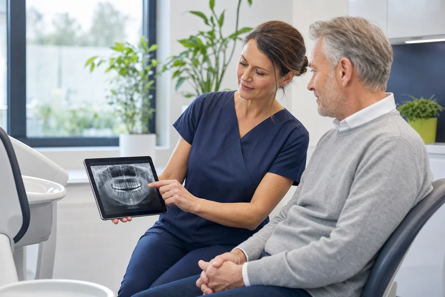 Zahnärztin bespricht mit einem Patienten ein Röntgenbild auf dem Tablet